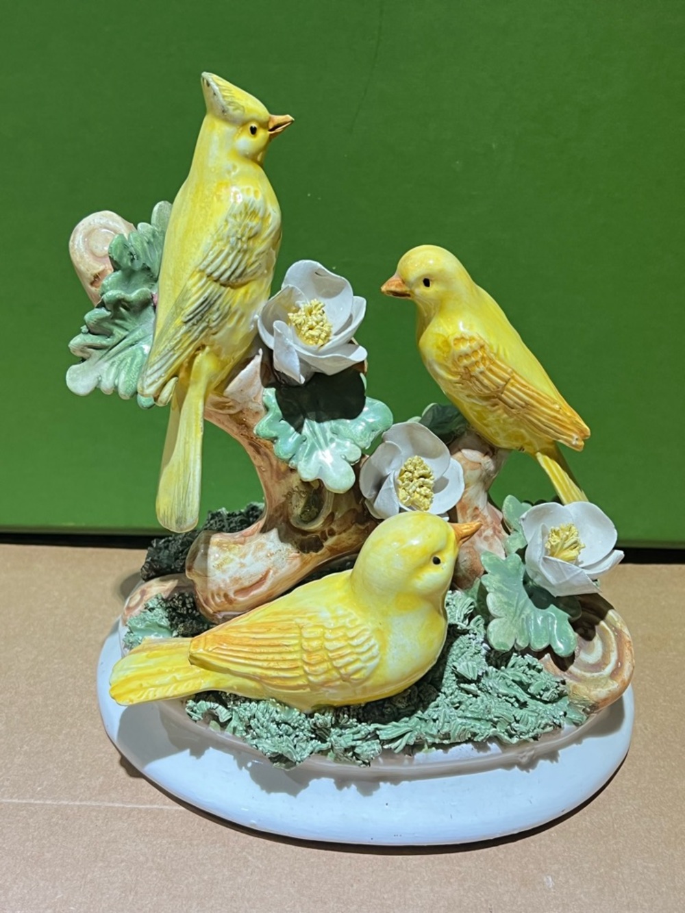 Yellow Ceramic Songbird Figurine Trio with Floral Base